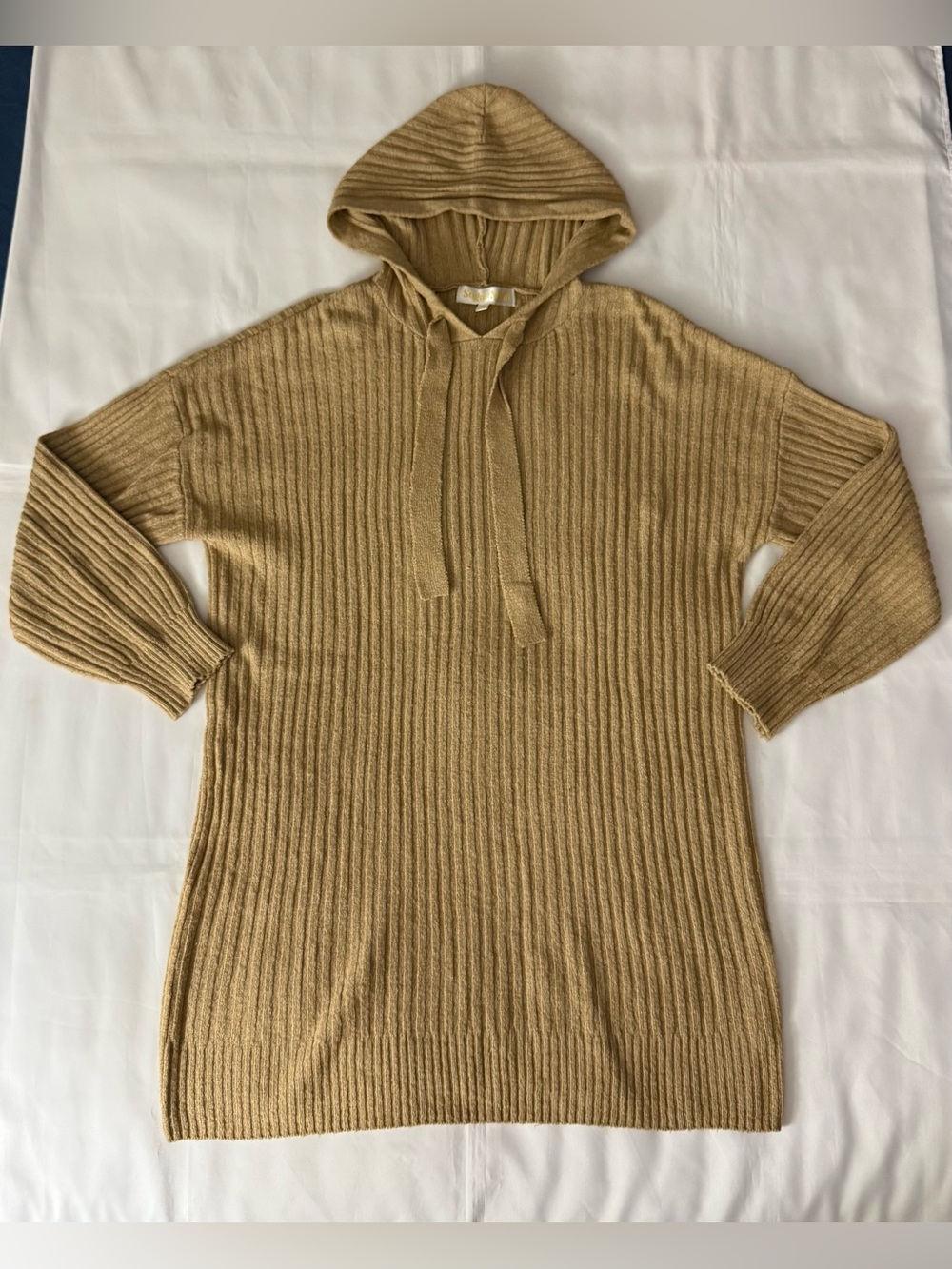 Sugar Moon Tan Ribbed Knit Hooded Sweater Dress